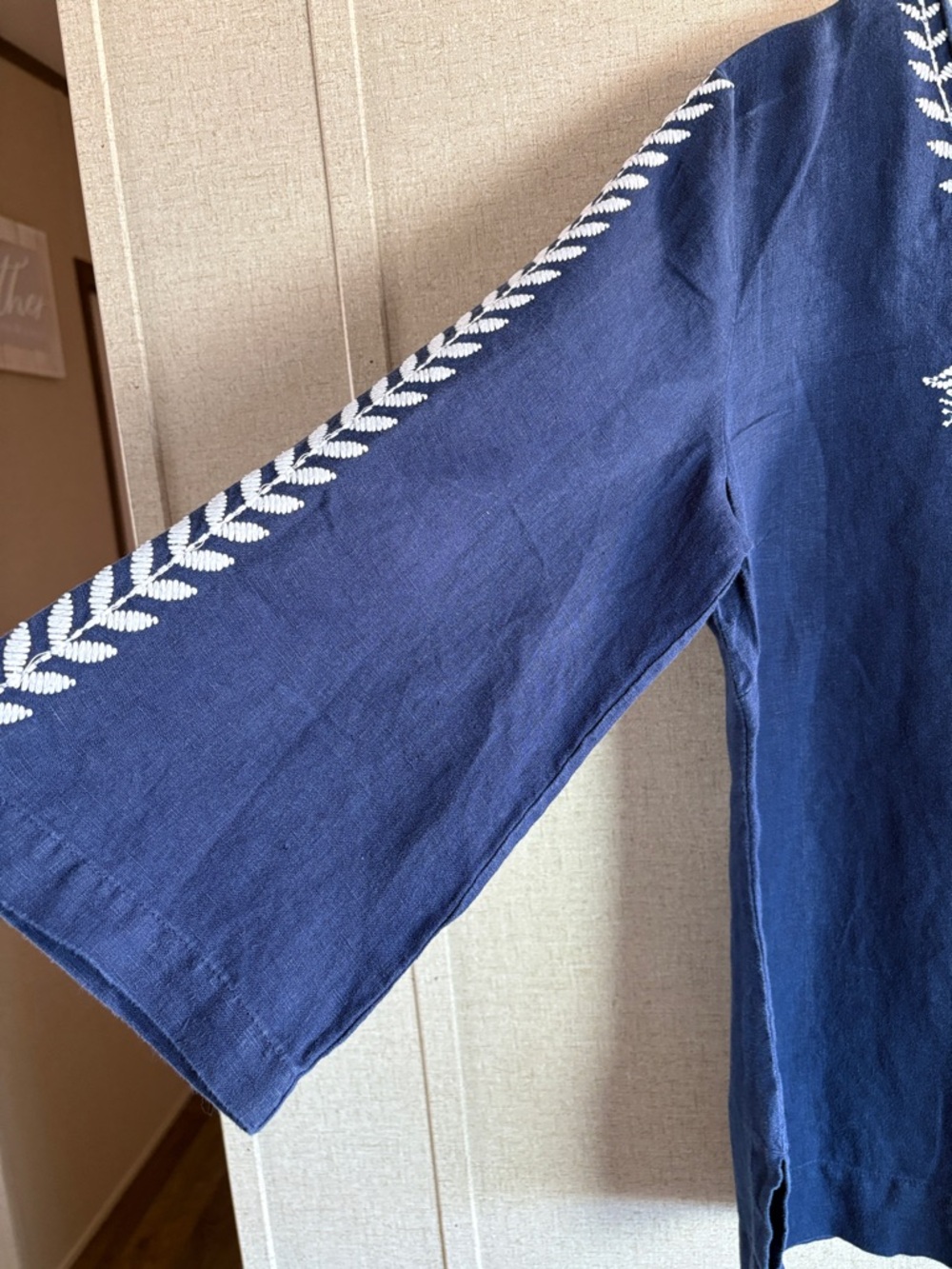 JM Collection Linen Tunic Sz 12 Navy Blue Embroidered Bohemian Peasant Coastal - Picture 6 of 15